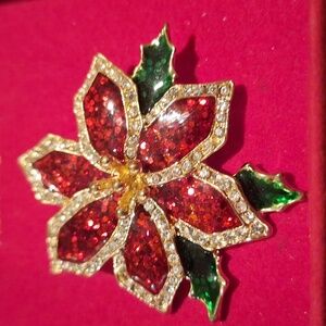 Christmas Brooch Poinsettia Red Green Gold Rhinestone Marked TC 2in.